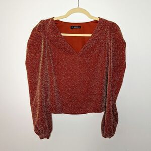 Women's SHEIN Long Sleeve Blouse Orange Gold Shimmer Top Puff Sleeves XS V Neck
